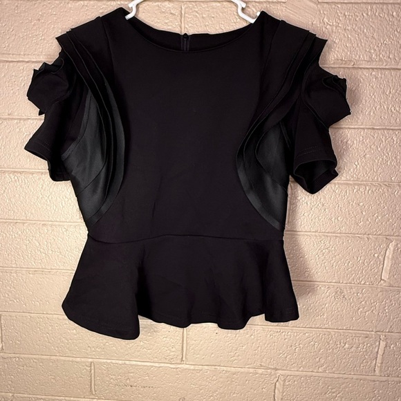DCS Black Ruffled Peplum Blouse Short Sleeve - Picture 2 of 8